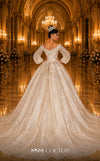 MNM Couture W2120 off-shoulder princess gown with lace and beaded puff sleeves. | Couture Shop LA