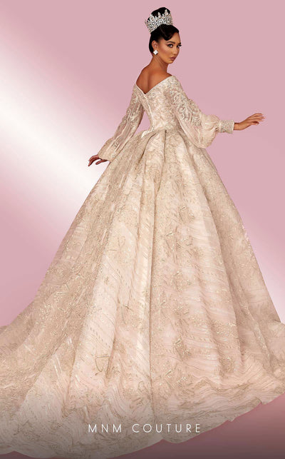 MNM Couture W2120 off-shoulder princess gown with lace and beaded puff sleeves. | Couture Shop LA