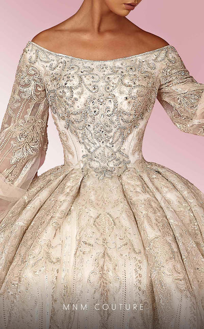 MNM Couture W2120 off-shoulder princess gown with lace and beaded puff sleeves. | Couture Shop LA