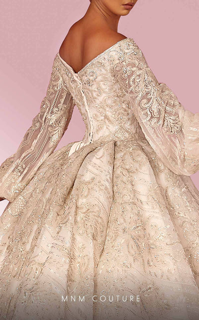 MNM Couture W2120 off-shoulder princess gown with lace and beaded puff sleeves. | Couture Shop LA