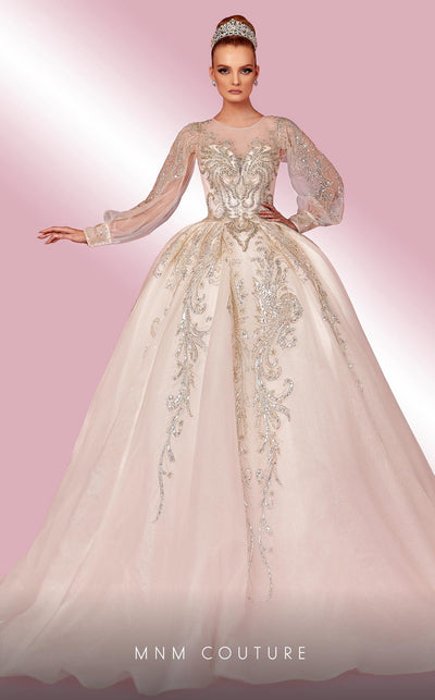 MNM Couture W2123 corset princess gown with embroidered tulle, beadwork, and long airy sleeves. | Couture Shop LA