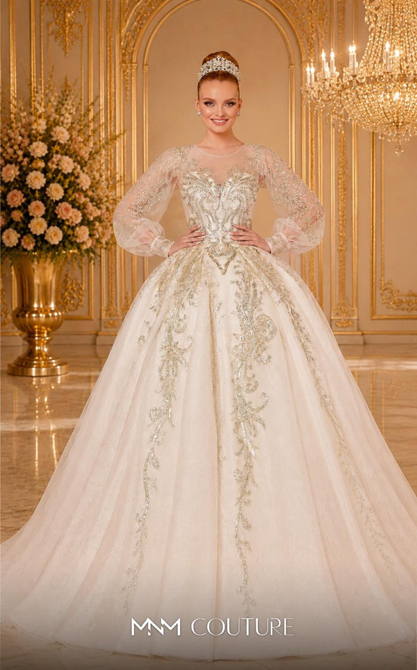 MNM Couture W2123 corset princess gown with embroidered tulle, beadwork, and long airy sleeves. | Couture Shop LA
