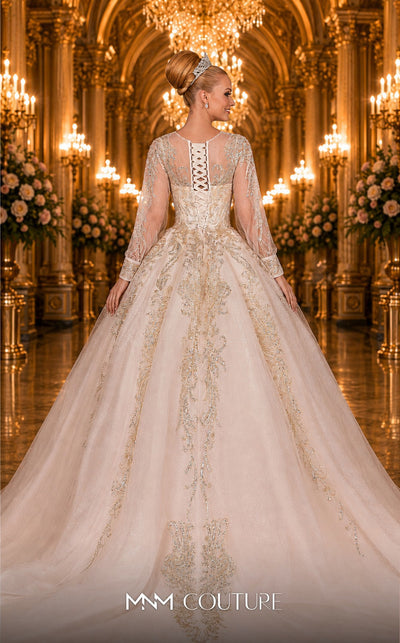 MNM Couture W2123 corset princess gown with embroidered tulle, beadwork, and long airy sleeves. | Couture Shop LA