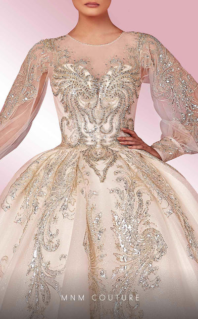 MNM Couture W2123 corset princess gown with embroidered tulle, beadwork, and long airy sleeves. | Couture Shop LA