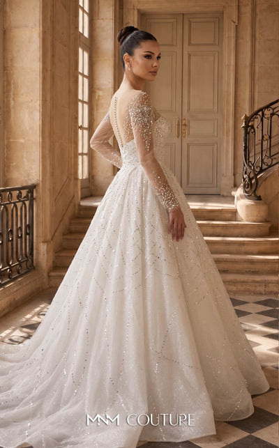 MNM Couture W2310 white ball gown wedding dress with rounded illusion bateau neckline, long sheer sleeves scattered with pearls and crystals, ultra-dense beaded sweetheart bodice, crystal button and corset lace-up back with ribbon bow, and shimmer tulle skirt with cathedral train | Couture Shop LA