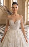 MNM Couture W2310 white ball gown wedding dress with rounded illusion bateau neckline, long sheer sleeves scattered with pearls and crystals, ultra-dense beaded sweetheart bodice, crystal button and corset lace-up back with ribbon bow, and shimmer tulle skirt with cathedral train | Couture Shop LA