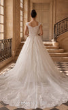 MNM Couture W2314 white off-shoulder ball gown wedding dress with structured flat shoulder drapes, pearl-beaded lace sweetheart bodice, 3D floral appliqués massed at the hem, corset lace-up back, and separate back overskirt with cathedral train | Couture Shop LA