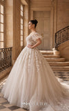MNM Couture W2324 nude ivory off-shoulder ball gown wedding dress with short puffed flutter sleeves, illusion sweetheart neckline, dense 3D floral lace appliqués, corset lace-up back, and voluminous tulle skirt with cathedral train | Couture Shop LA
