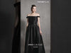 MNM Couture GOS2507 Elegant Thin Off-Shoulder Black Mikado Piqué Dress