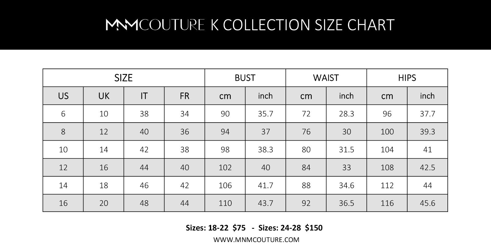 Missake Size Chart