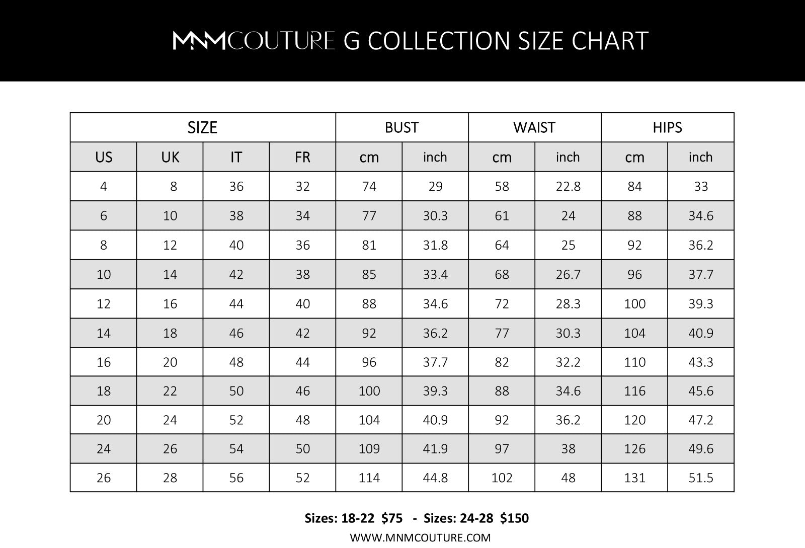 Gaby Size Chart